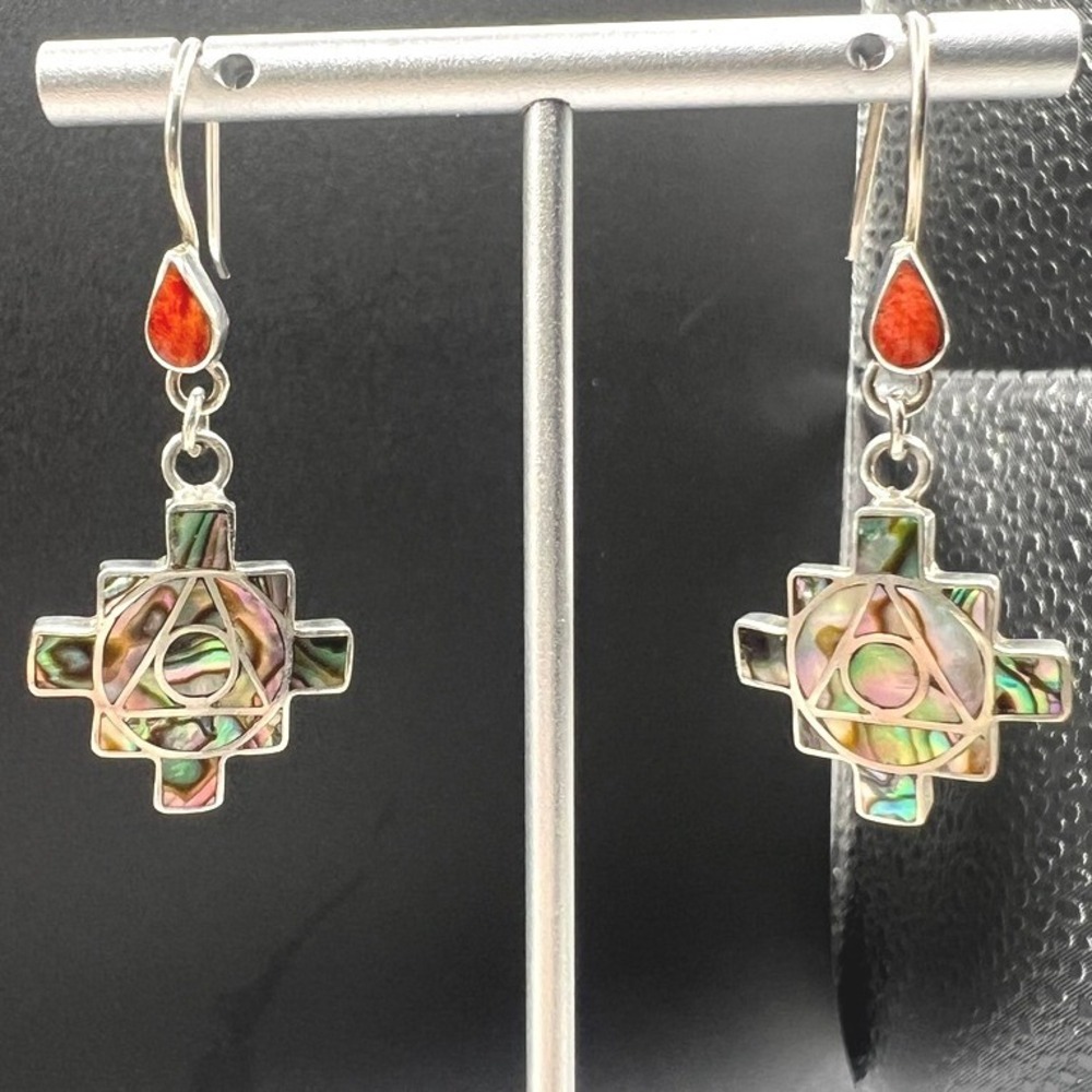 Peruvian 950 Silver Earrings Chakana Inca Cross Abalone Shell Inlay Drop 1.5" 8g